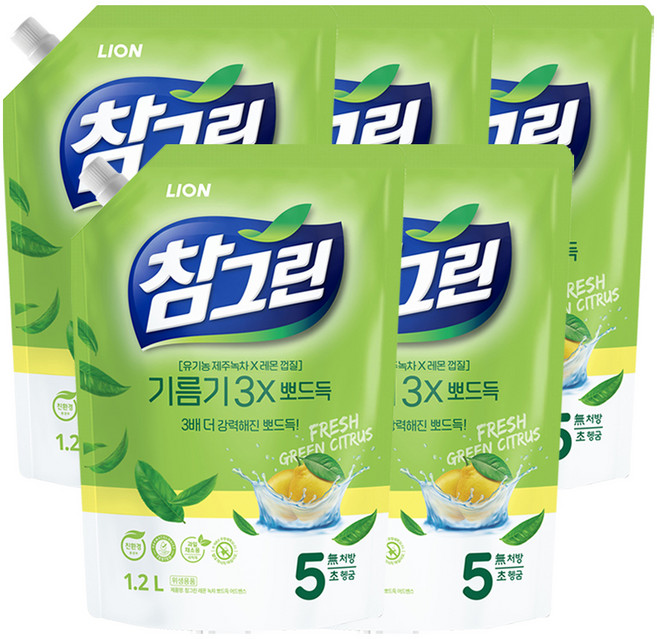 참그린 레몬 녹차 뽀드득 어드밴스 주방세제 리필, 1.2L, 5개