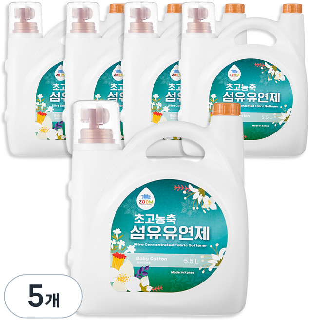 줌 엑스퍼트 베이비코튼향 초고농축 섬유유연제 본품, 5.5L, 5개