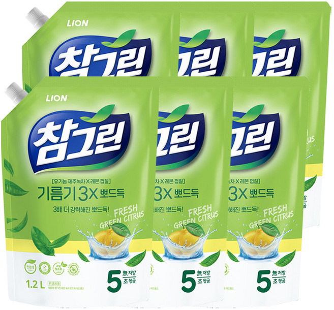 참그린 레몬 녹차 뽀드득 어드밴스 주방세제 리필, 1.2L, 6개