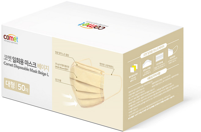 코멧 쉽게 뽑아쓰는 일회용 마스크 대형, 50개입, 1개, 베이지