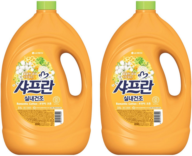 샤프란 실내건조 섬유유연제 로맨틱코튼 본품, 3.1L, 2개