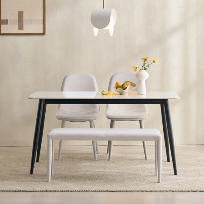 SAF 포코 식탁세트 4인용 1400 식탁 + 벤치 + 의자2p 세트 방문설치, 마블화이트(상판), 블랙(프레임), 아이보리(벤치, 의자), 일반 2 + 벤치 1