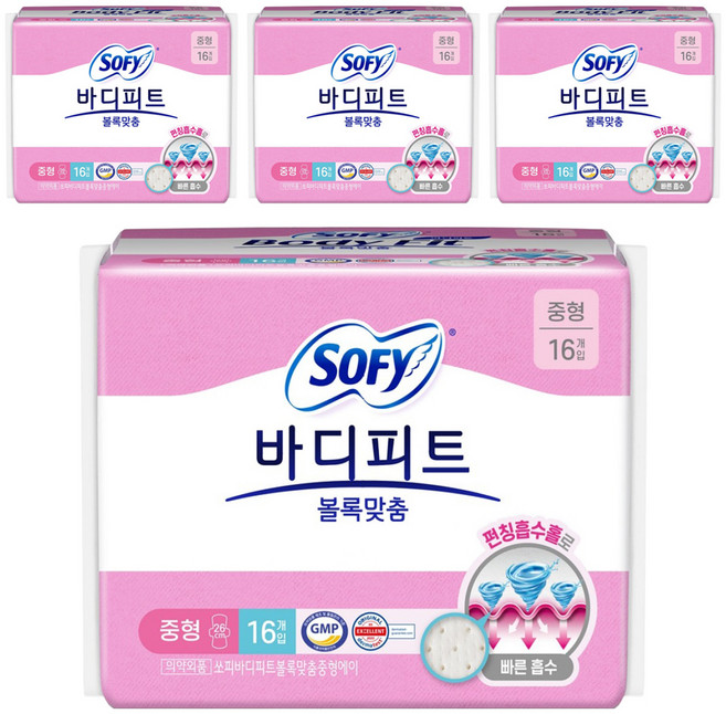 바디피트 볼록맞춤 생리대 날개형, 중형, 16개입, 4개