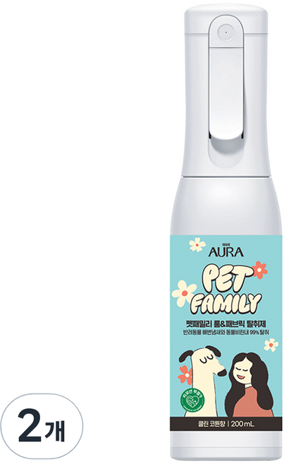 아우라 펫패밀리 룸앤패브릭 탈취제 클린 코튼, 2개, 200ml