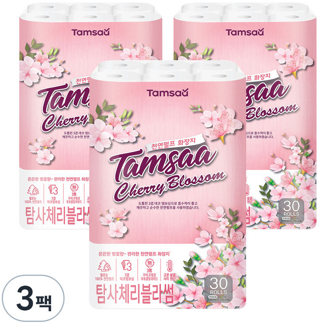 탐사 체리블라썸 천연펄프 3겹 롤화장지, 27m, 30롤, 3개