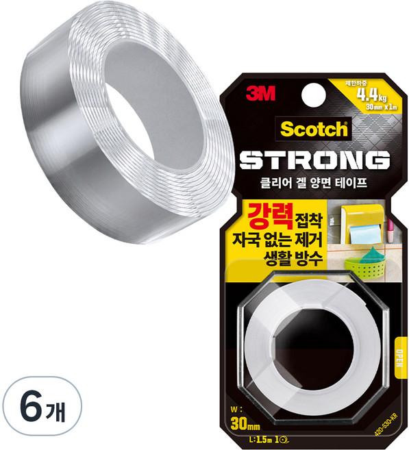 3M Scotch 透明凝膠雙面膠帶 30mm x 1.5m, 6個, 單一顏色