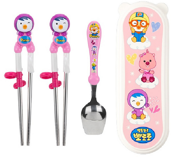 에디슨 패티 이지 스텐 수저 케이스 세트 + 입체 스텐 젓가락, 핑크, 스푼 + 젓가락 + 케이스, 1세트