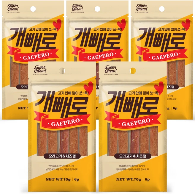 슈퍼츄개빼로 콜라보 강아지 껌 6p, 치즈 + 오리 혼합맛, 70g, 5개 - 쿠팡