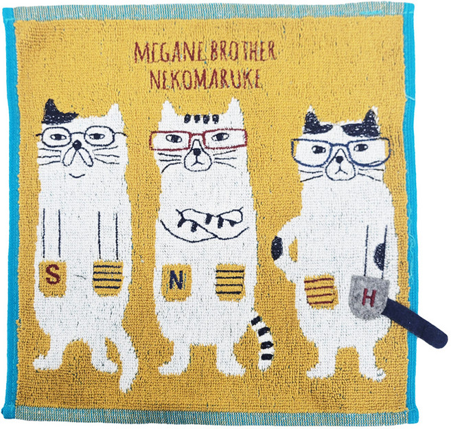 kUSUgURU JAPAN 日本眼鏡貓 NEKOMARUKE貓丸系列 絨毛刺繡提花毛巾手帕, 芥末黃, 1條