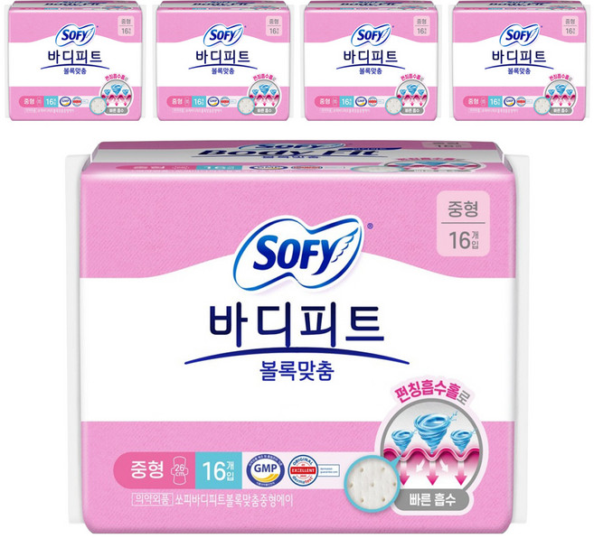 바디피트 볼록맞춤 생리대 날개형, 중형, 16개입, 5개