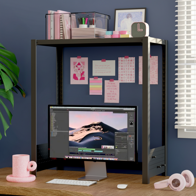 홈던트하우스 타공판 철제 책상선반, 블랙, 1.5단