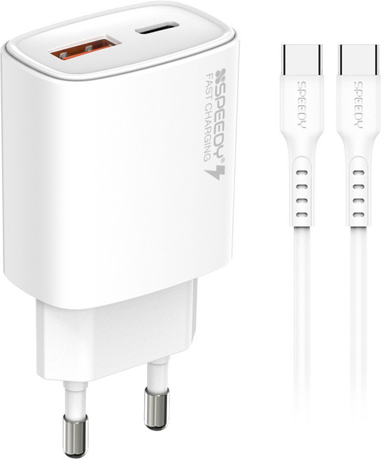 스피디 2포트 PD 25W PPS 초고속 멀티 충전기 + C to C 25W 케이블 세트, 화이트, 1세트