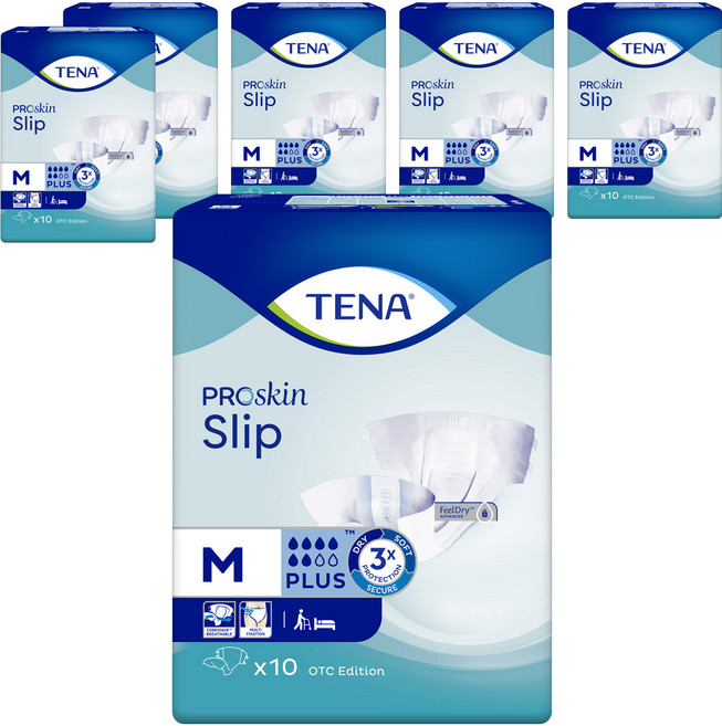 TENA 添寧 韓國原裝進口 PROskin Slip Plus 親膚防漏男女通用成人紙尿褲, M, 10片, 6包
