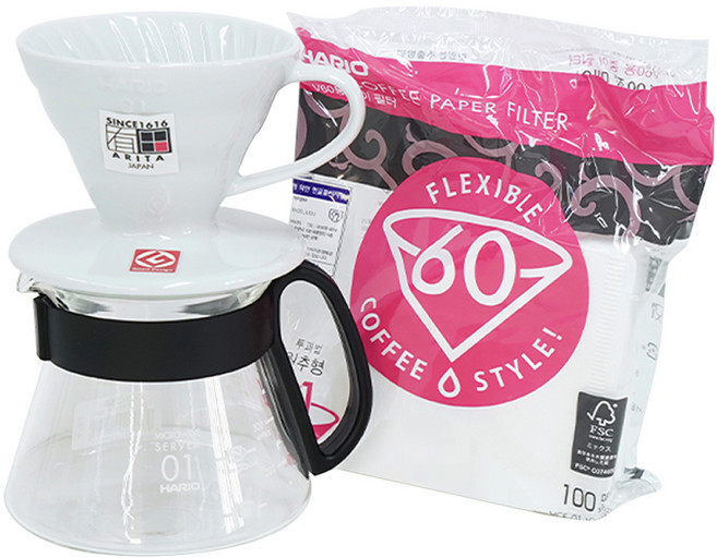 하리오 V60 세라믹 XVD 드립세트 1~2인, 화이트(드리퍼, 여과지), 블랙(커피서버), 1세트