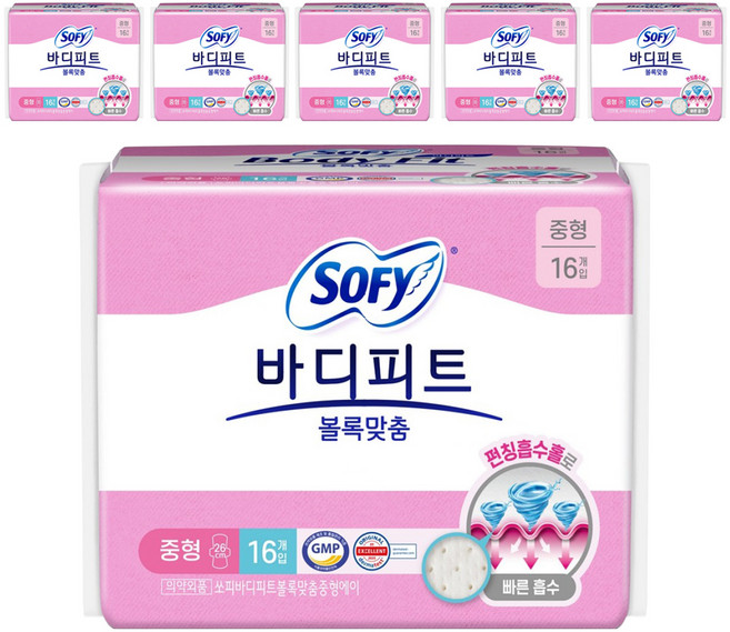 바디피트 볼록맞춤 생리대 날개형, 중형, 16개입, 6개