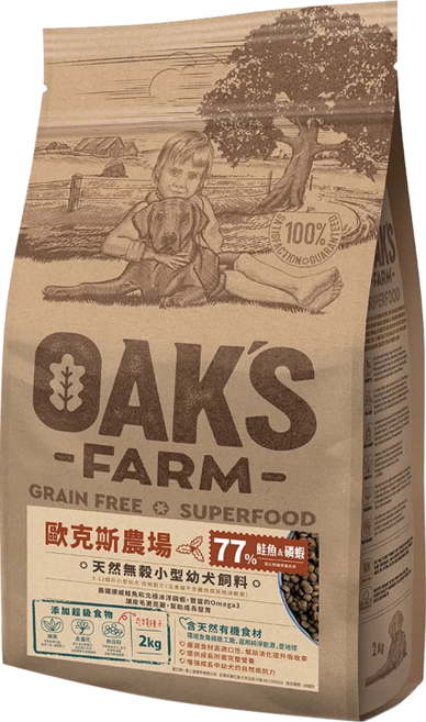 OAK'S FARM 幼犬天然無穀乾飼料 高Omega3, 鮭魚+磷蝦, 2kg, 1袋