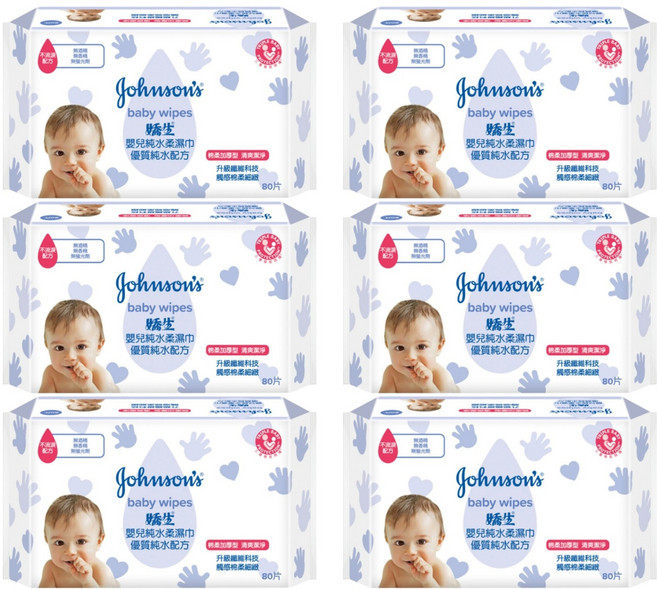 嬌生嬰兒純水潔膚柔濕巾 棉柔加厚型 全新升級纖維 無香精 無酒精 溫和配方, 80張, 6包