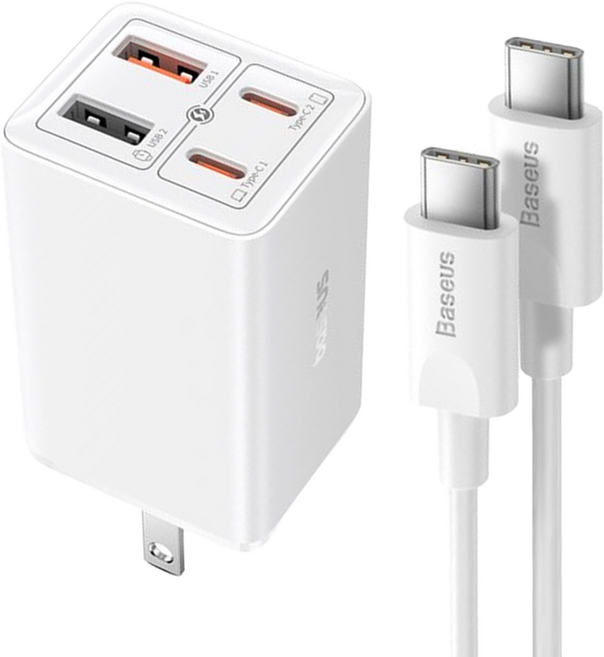 Baseus 倍思 GaN6 Pro 氮化鎵快充充電器 2C + 2U 65W 美規 含小白系列 快充/傳輸線 Type-C-Type-C 100W 20V 5A 1m 白色, 皓月白, 1盒