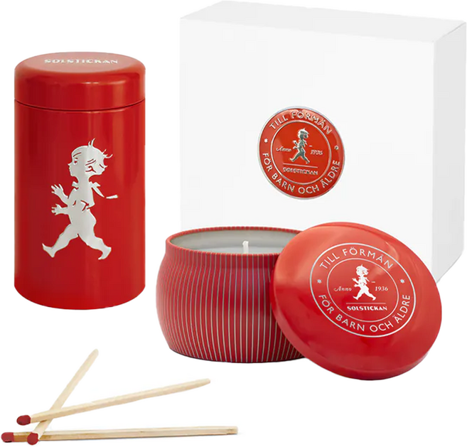 SOLSTICKAN 蠟燭火柴禮盒組 鍋盒蠟燭-大豆蠟 植物油 香水精油, 柑橘肉桂, 紅色