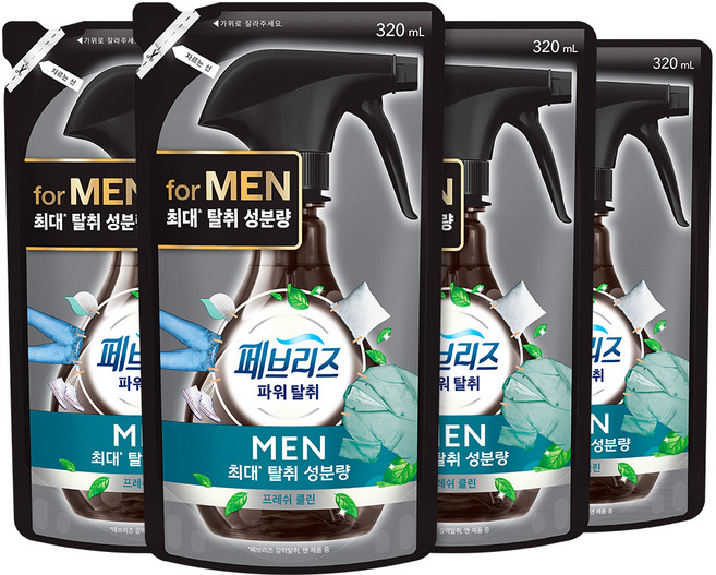 페브리즈 남성용 섬유탈취제 프레쉬 클린향 리필, 320ml, 4개