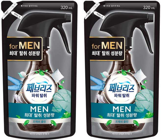 페브리즈 남성용 섬유탈취제 프레쉬 클린향 리필, 320ml, 2개