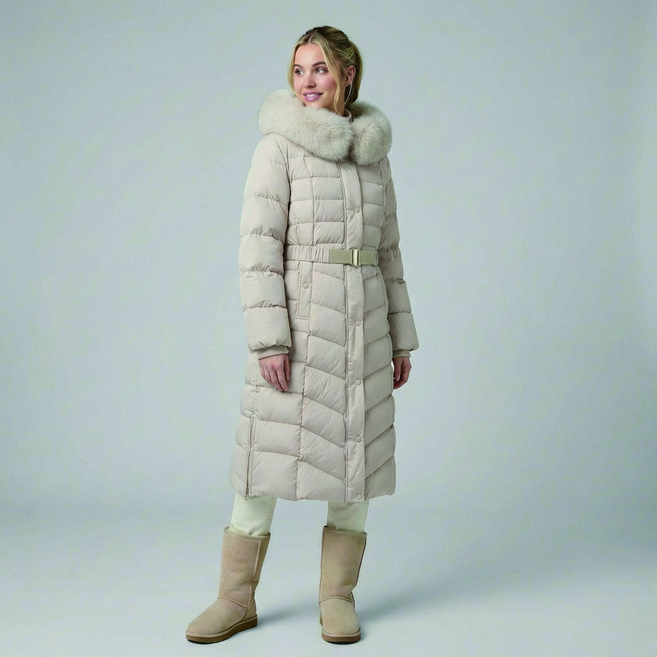 on&on 女款附腰帶長版羽絨外套