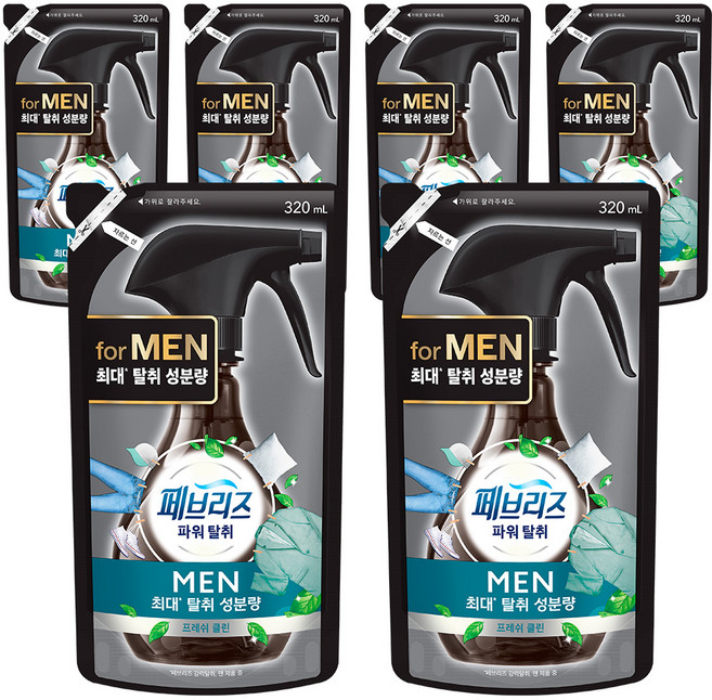 페브리즈 남성용 섬유탈취제 프레쉬 클린향 리필, 320ml, 6개