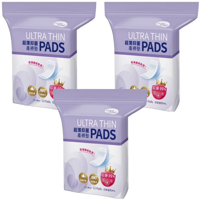 nac nac 超薄抑菌產褥墊, 13 x 38cm, 12片, 3包