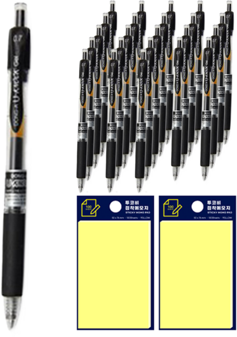 동아 유노크펜 0.7mm 12p + 투코비 스티키 메모패드 노랑, 흑색, 2세트