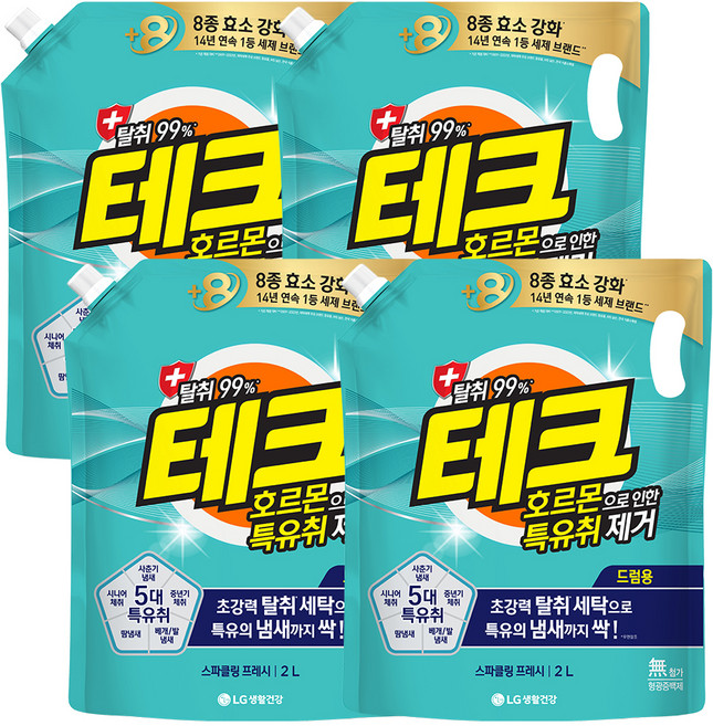 테크 호르몬으로 인한 특유취 제거 드럼용 액상세제 리필, 2L, 4개