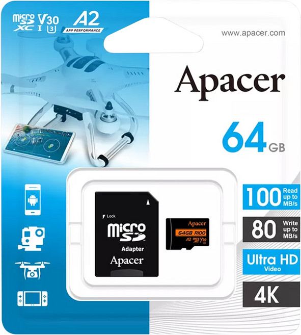Apacer 宇瞻 MicroSDXC U3 V30 A2 Class10 快閃記憶卡, 64GB, 1個