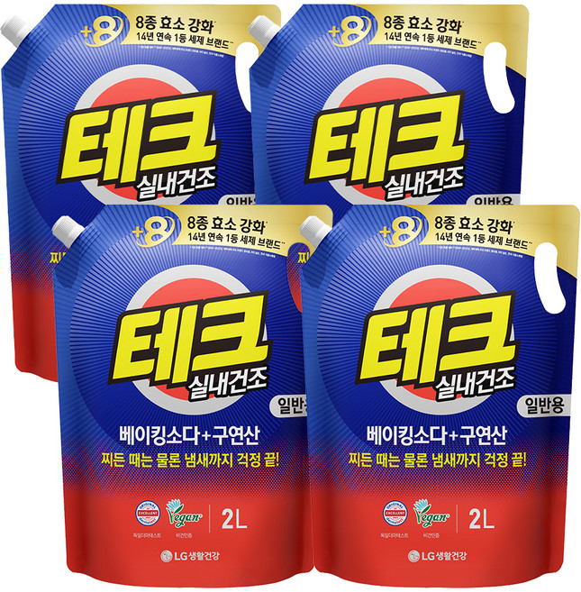 테크 베이킹소다 플러스 구연산 실내건조 액체세제 리필, 2L, 4개
