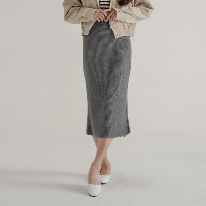 Gembling H字型鬆緊腰中長版羅紋針織裙