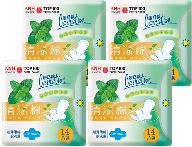 康乃馨 清涼棉衛生棉, 一般流量型 21.5cm, 14片, 4包