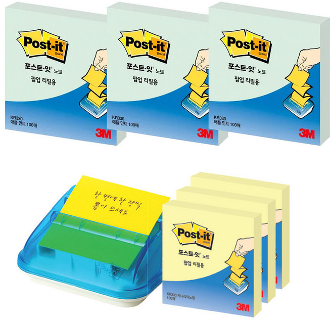 포스트잇 팝업 디스펜서 + 리필용 메모지 6p 세트 76 x 76 mm, 노랑 + 애플민트, 1개