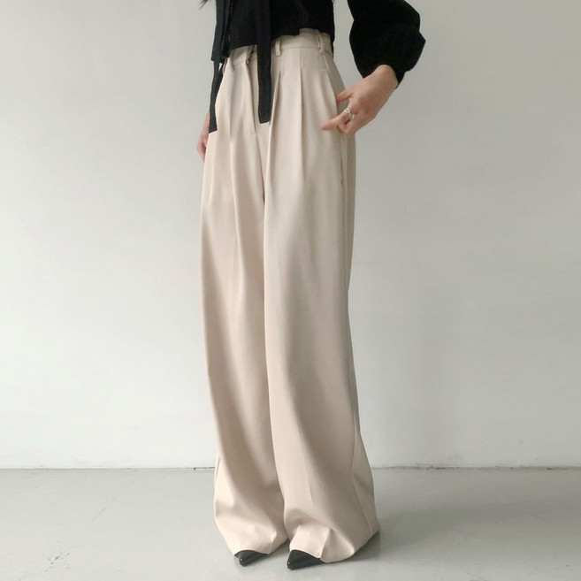 플랜데이 여성용 숏/미디움/롱 기장 덴비 찰랑 와이드 핀턱 슬랙스