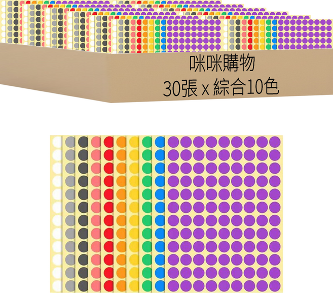咪咪購物 彩色圓點貼紙 10mm, 多色, 30張