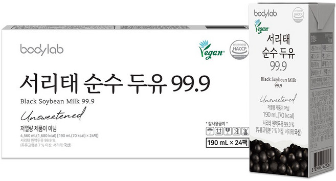 바디랩 서리태 순수 두유 99.9, 190ml, 24개
