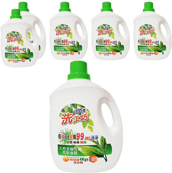 all-in 洗工坊 制菌洗衣精 4'S 天然茶樹, 4kg, 6桶