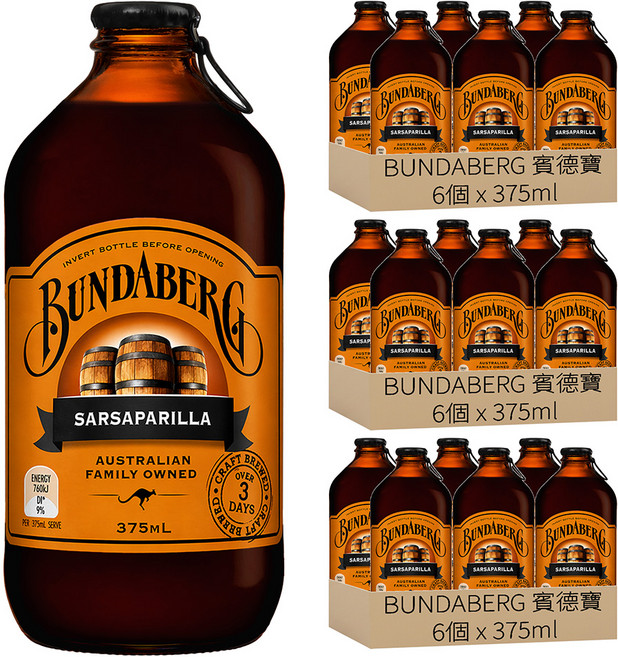 BUNDABERG 賓德寶 沙士風味氣泡飲, 18個, 375ml