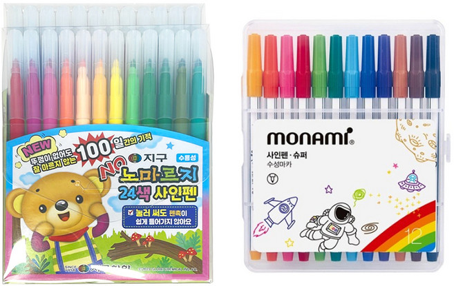 지구화학 노마르지 사인펜 24색 + 모나미 슈퍼사인펜 12색 세트, 혼합색상, 1세트