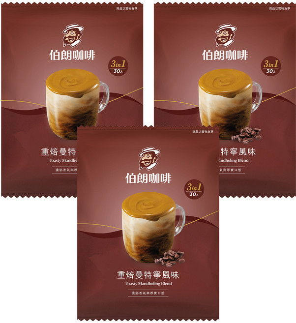 金車 MR.BROWN 伯朗咖啡 3合1即溶咖啡 重焙曼特寧, 16g, 30個裝, 3套