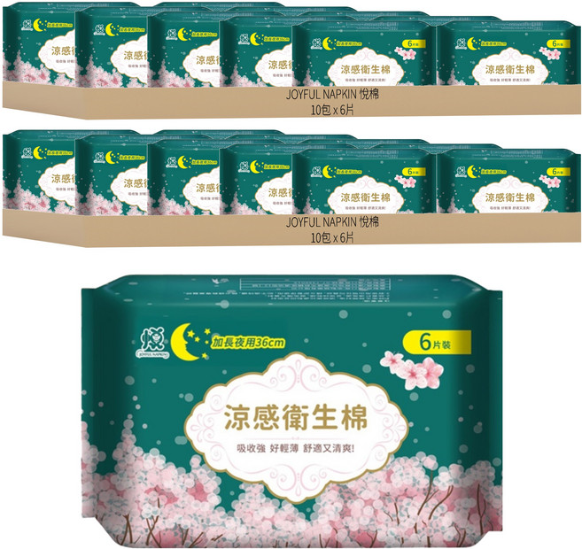 JOYFUL NAPKIN 悅棉 涼感衛生棉, 加長夜用型 36cm, 6片, 20包