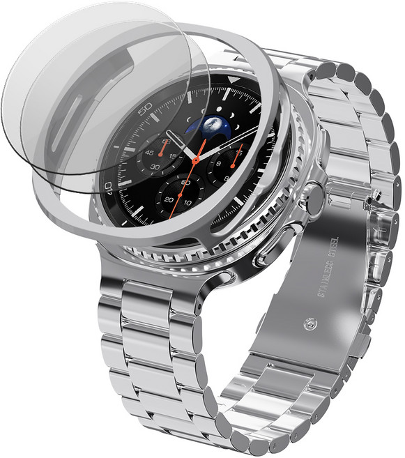 칸탐 갤럭시워치 클래식 메탈 스트랩 케이스 강화유리 2p 세트, 실버, 1세트