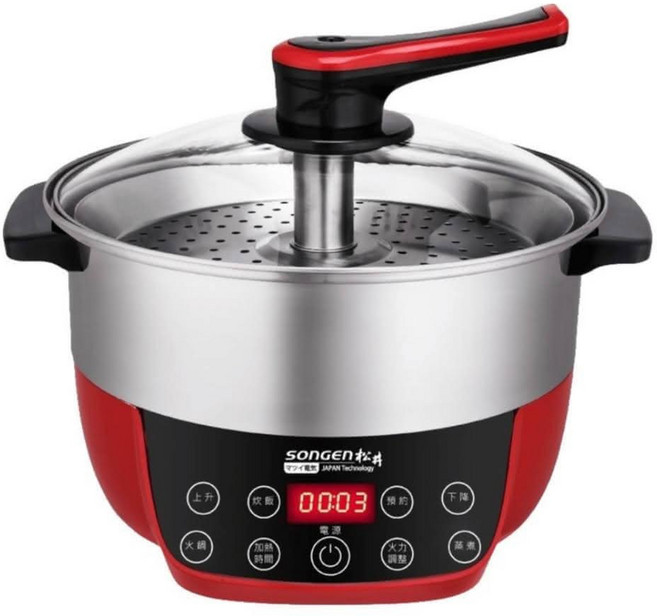 SOnGEn 松井 智慧升降湯料分離 多功能料理鍋 附升降蒸盤 350 x 310 x 270mm 3.4kg 5L, 350mm, 銀色 + 紅色, 1組