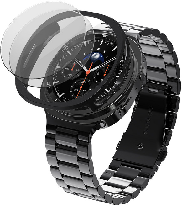 칸탐 갤럭시워치 클래식 메탈 스트랩 케이스 강화유리 2p 세트, 블랙, 1세트