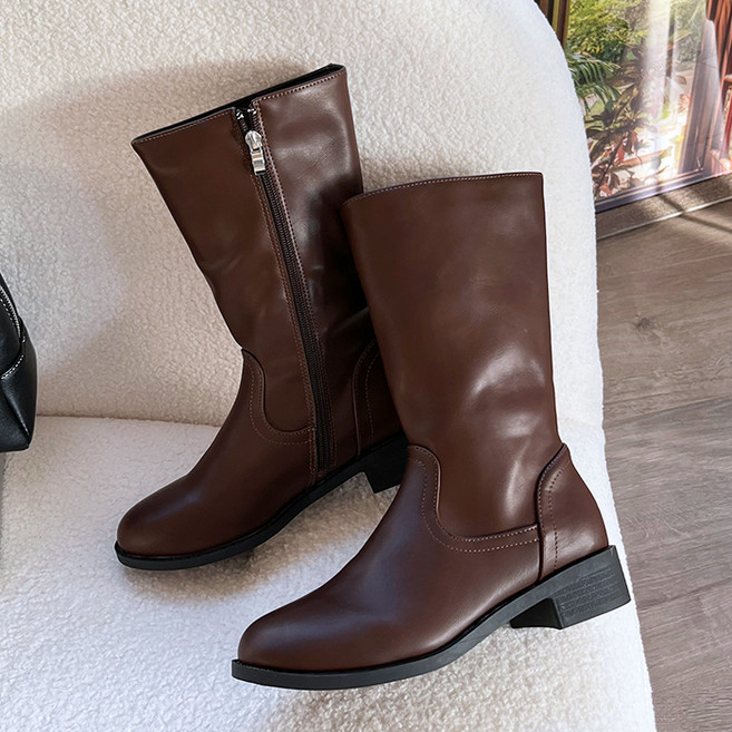 여성용 종아리 넓은 베이직 미들 부츠