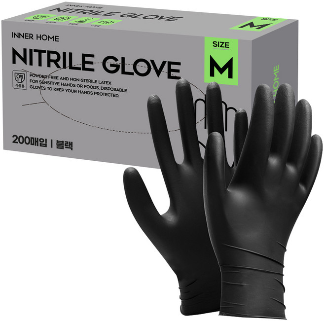 이너홈 무분말타입 니트릴 장갑 200p, 블랙, 중(M), 1개