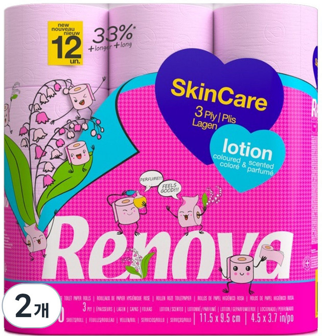 레노바 스킨케어 핑크 로션 화장지 3겹, 23m, 12롤, 2개