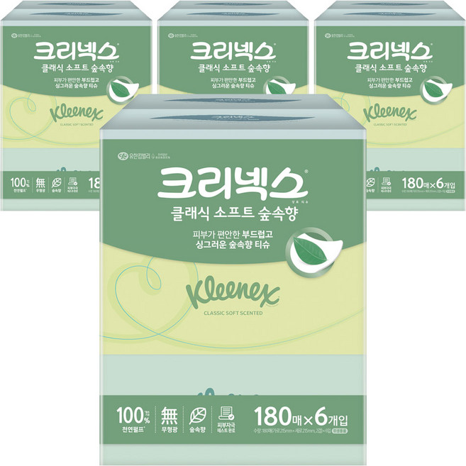 크리넥스 클래식 소프트 숲속향 천연펄프 미용티슈 2겹, 180매, 24개